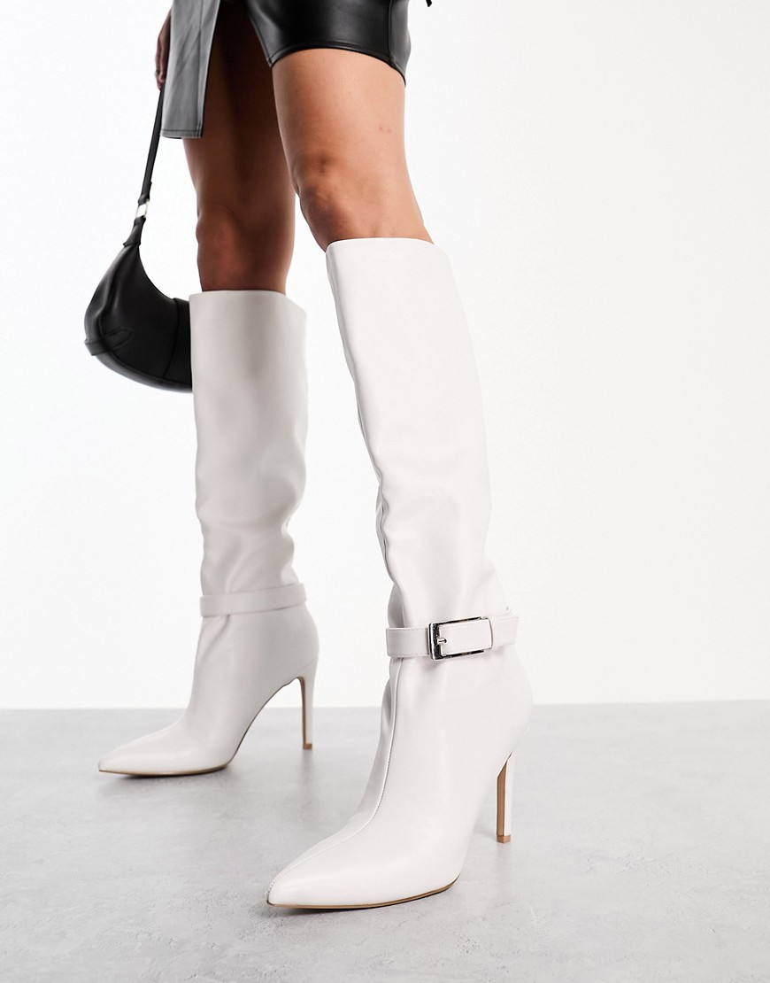 Simmi London Acer buckle detail pointed knee boots in white