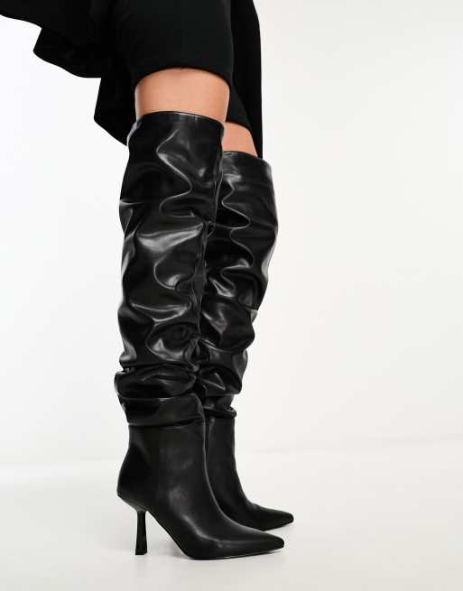 Simmi London Adonis ruched over the knee heeled boots in black | ASOS