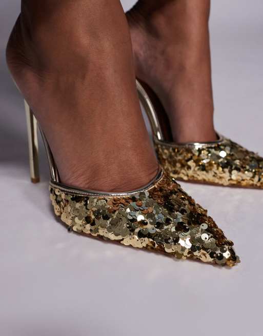 Simmi London Agathia sequin heeled mules in gold, 2 of 4