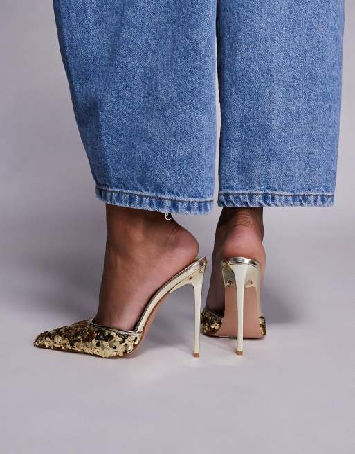 Simmi London Agathia sequin heeled mules in gold, 4 of 4