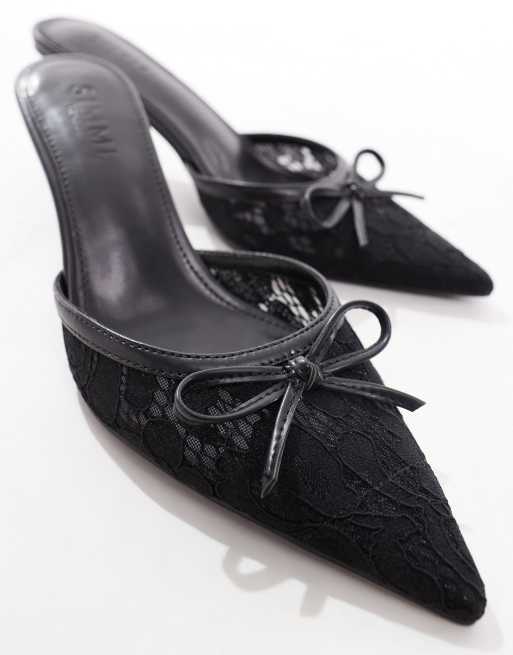 Simmi London Ailla pointed kitten mules with bow detail in lace, 2 of 4