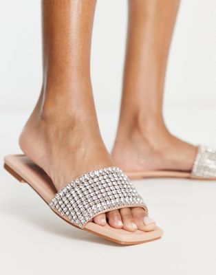 Simmi Shoes Simmi London Alianna Flat Sandals In Beige With Diamante Trim-neutral