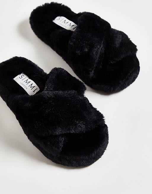 Simmi London Alice fluffy slippers in black