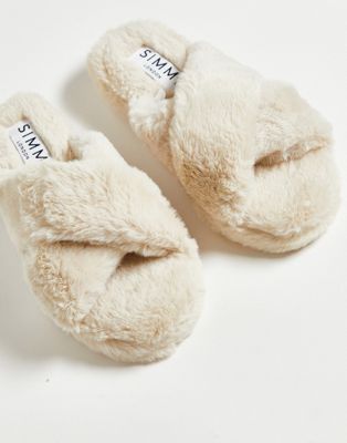 Simmi London Alice fluffy slippers in cream - ASOS Price Checker