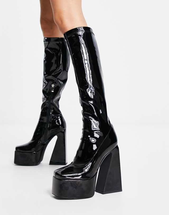 Simmi London Amani platform flare heel knee boots in black patent