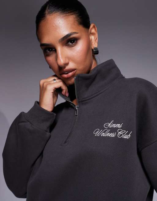 Simmi London Ames half zip slogan sweatshirt in slate, 4 of 4