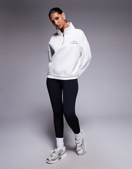 Simmi London Ames half zip slogan sweatshirt in white, 3 of 4