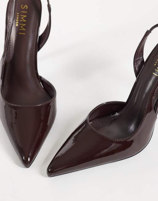 Simmi London Arabella lackade slingback-pumps med klack i brunt PU, 2 av 4
