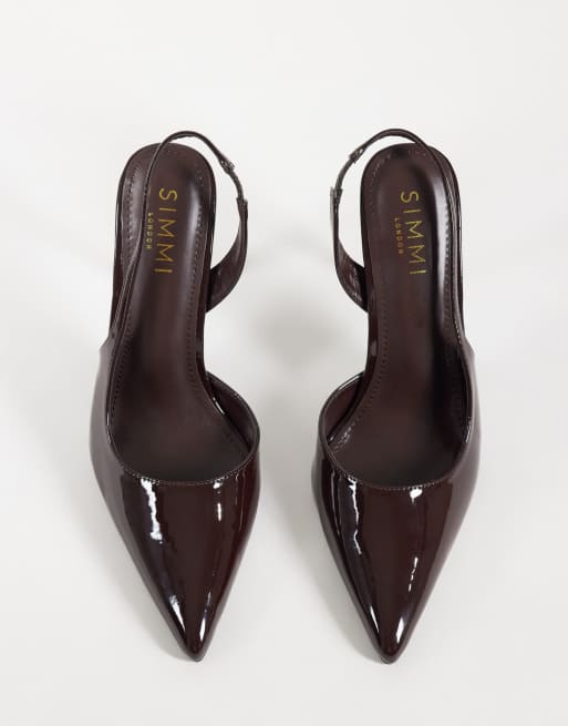 Simmi London Arabella lackade slingback-pumps med klack i brunt PU, 4 av 4