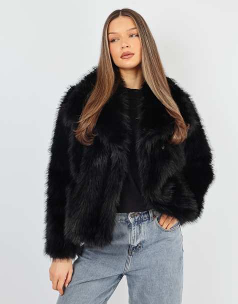 Simmi London Arabella oversized collar faux fur coat in black - view 1