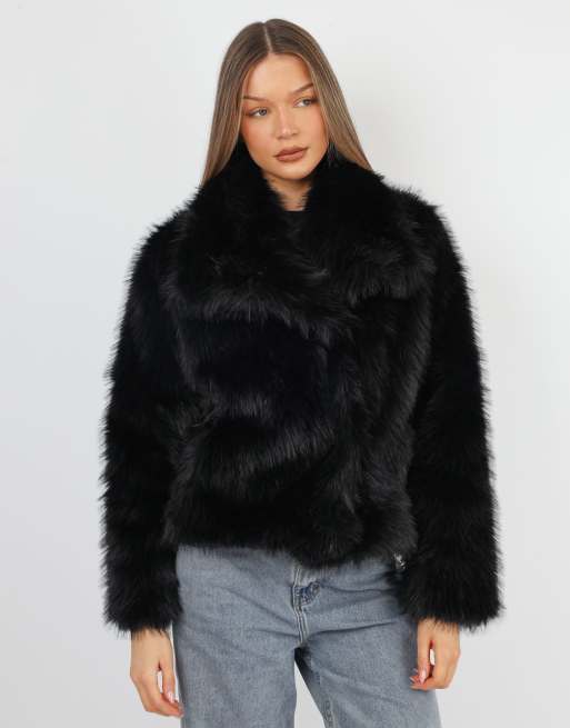 Simmi London Arabella oversized collar faux fur coat in black, 2 of 4