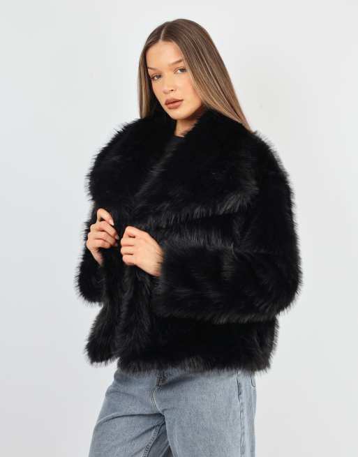 Simmi London Arabella oversized collar faux fur coat in black, 3 of 4