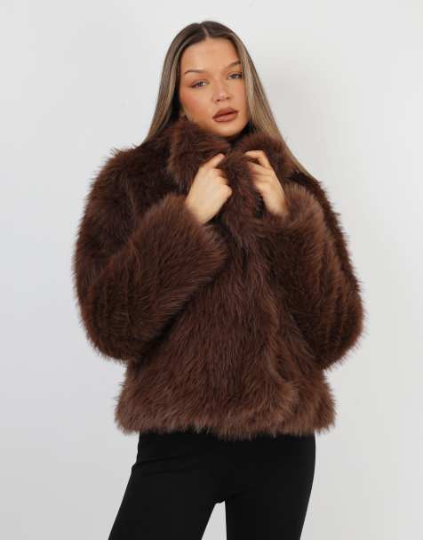 Simmi London Arabella oversized collar faux fur coat in brown - view 1