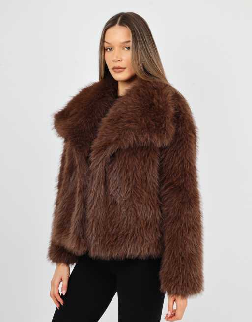 Simmi London Arabella oversized collar faux fur coat in brown, 2 of 4
