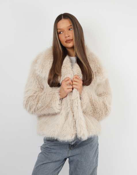 Simmi London Arabella oversized collar faux fur coat in cream - view 1