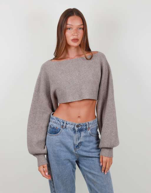 Simmi London Balloon sleeve knit crop top in beige, 2 of 4