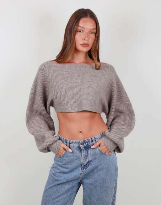 Simmi London Balloon sleeve knit crop top in beige, 3 of 4