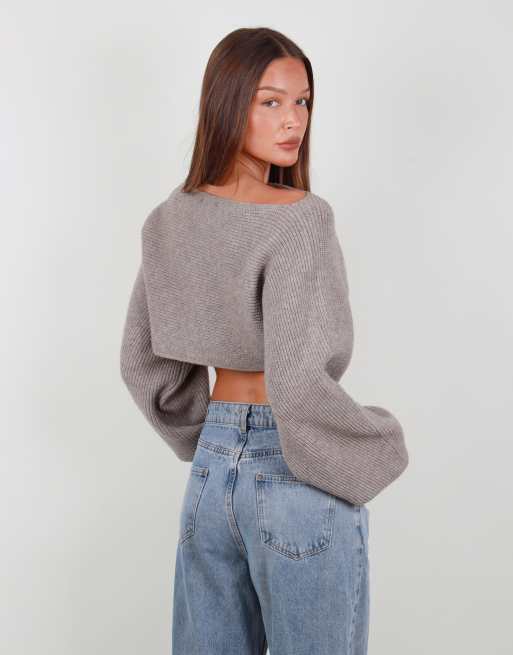 Simmi London Balloon sleeve knit crop top in beige, 4 of 4
