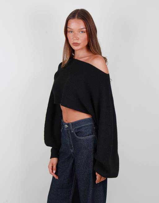 Simmi London Balloon sleeve knit crop top in black, 2 of 3