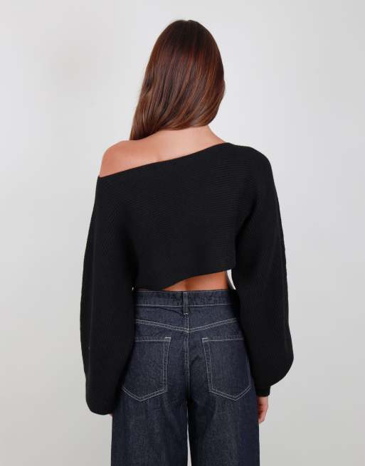 Simmi London Balloon sleeve knit crop top in black, 3 of 3