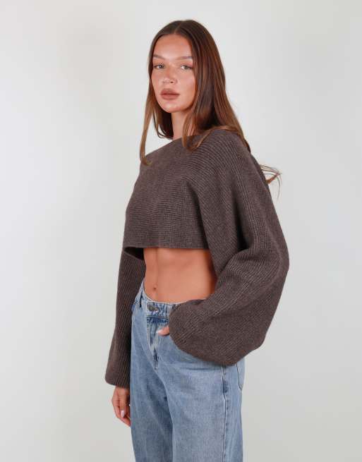 Simmi London Balloon sleeve knit crop top in brown, 2 of 3