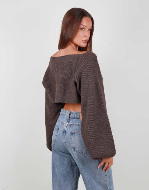 Simmi London Balloon sleeve knit crop top in brown, 3 of 3