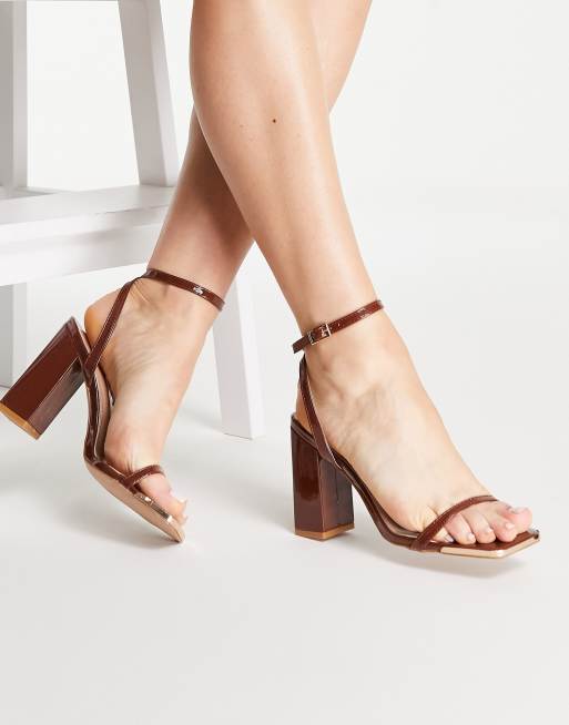 Simmi London Barely There Block Heel Sandals In Brown Patent Asos