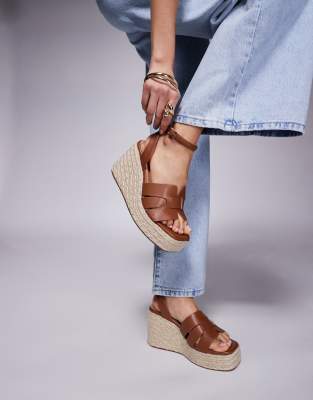 Simmi London Bellamy Wide Fit mid heeled espadrille wedges in tan-Brown