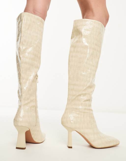 Simmi London Benedict heeled knee boots in off-white snake