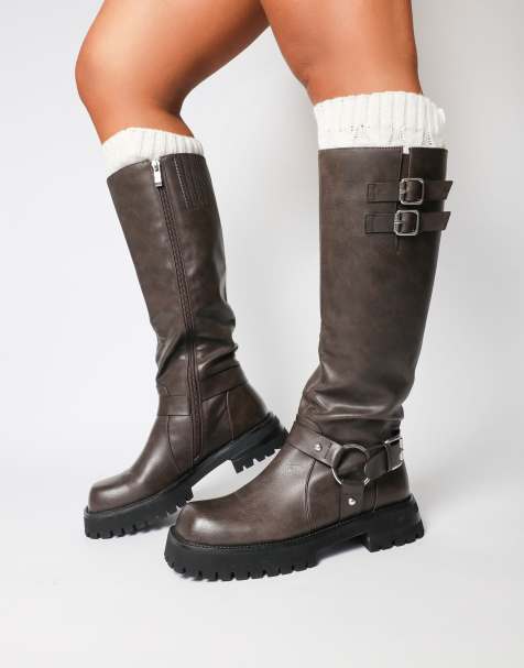 Simmi London Benton knee high chunky biker boots in brown - view 1