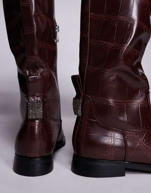 Simmi London Bernie riding knee boots in burgundy croc, 2 of 4