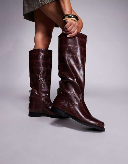 Simmi London Bernie riding knee boots in burgundy croc | ASOS