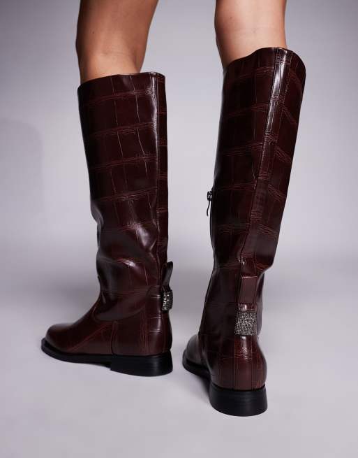 Simmi London Bernie riding knee boots in burgundy croc ASOS