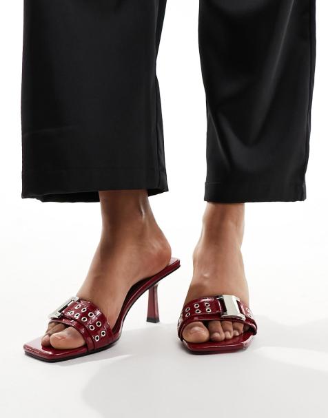 Simmi London Bexley mid heeled mules with eyelet buckle detail in red - view 1