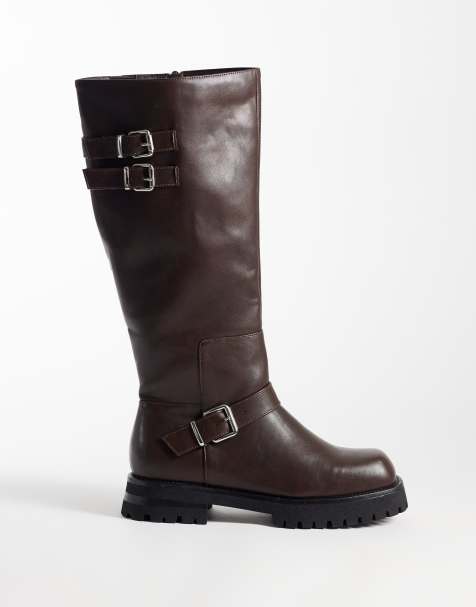 Simmi London biker boots i bred passform med grov sula och sele i brunt - view 1
