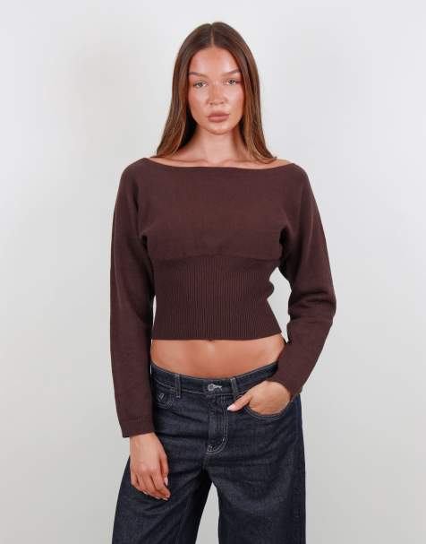 Simmi London Boat neck knit top in brown - view 1