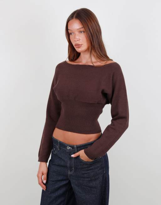 Simmi London Boat neck knit top in brown, 2 of 4