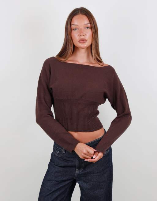 Simmi London Boat neck knit top in brown, 3 of 4