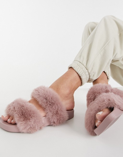 Simmi London Bobbie faux fur slider sandals in dusty pink