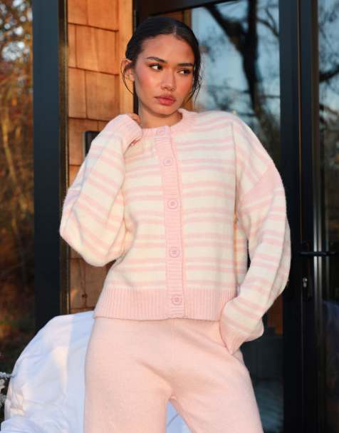 Simmi London Bonnie fluffy knit stripe cardigan in baby pink - view 1