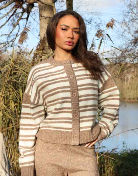 Simmi London Bonnie fluffy knit stripe cardigan in brown