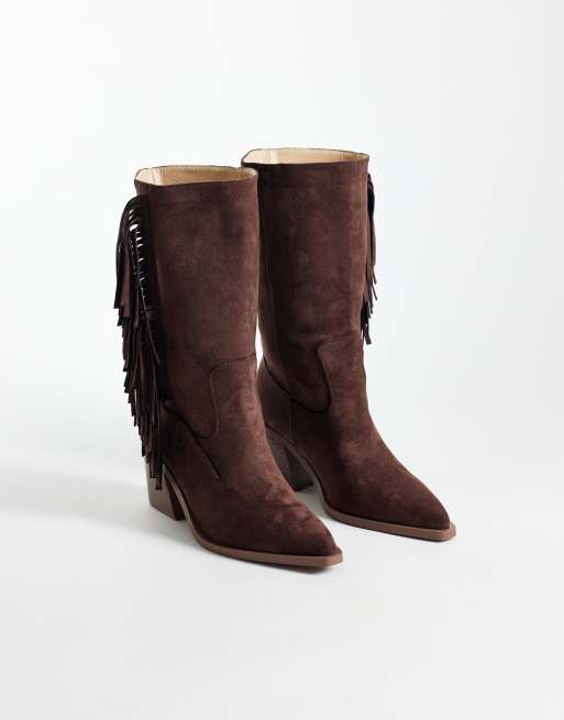 SIMMI London - Botines marrones de caña media estilo wéstern con flecos de antelina Tevy, 2 de 4