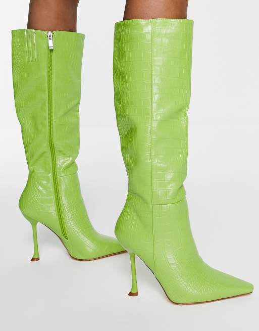 Simmi London - Bottes hauteur genou à talon aiguille - Citron vert croco, 4 de 4