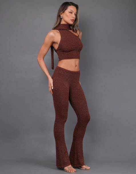 Simmi London boucle knit scarf neck top & bow knit flared bottoms in brown - view 1