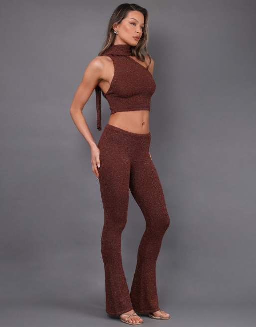Simmi London boucle knit scarf neck top & bow knit flared bottoms in brown