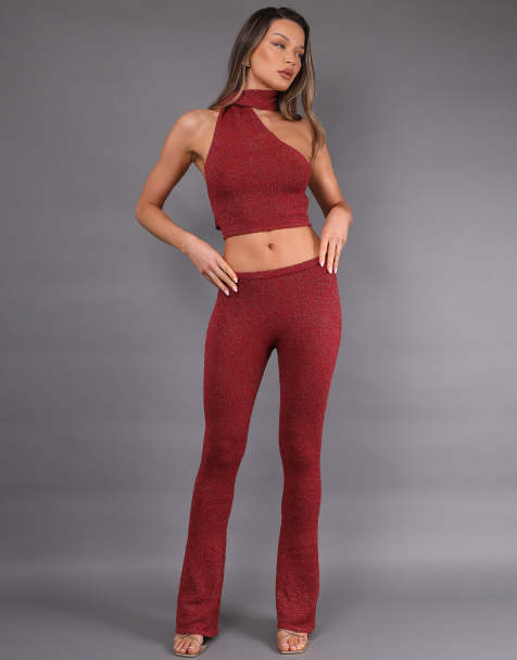 Simmi London boucle knit scarf neck top & bow knit flared bottoms in red - view 1