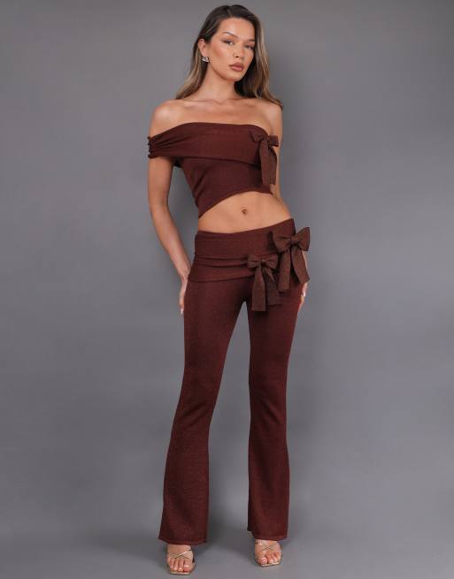 Simmi London bow knit off-shoulder top & bow knit flared bottoms in brown