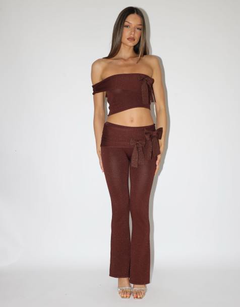 Simmi London bow knit off-shoulder top & bow knit flared bottoms in brown - view 1