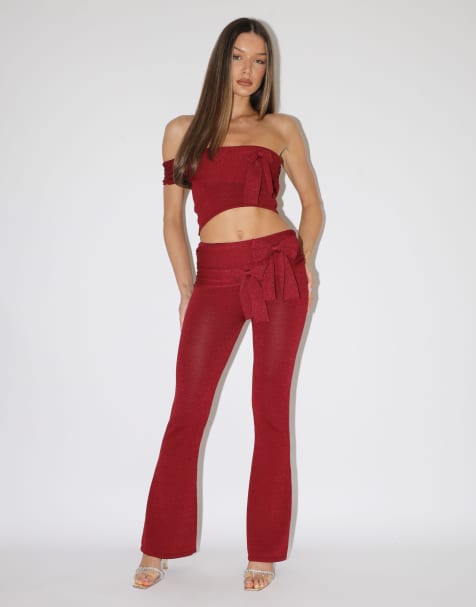 Simmi London bow knit off-shoulder top & bow knit flared bottoms in red - view 1