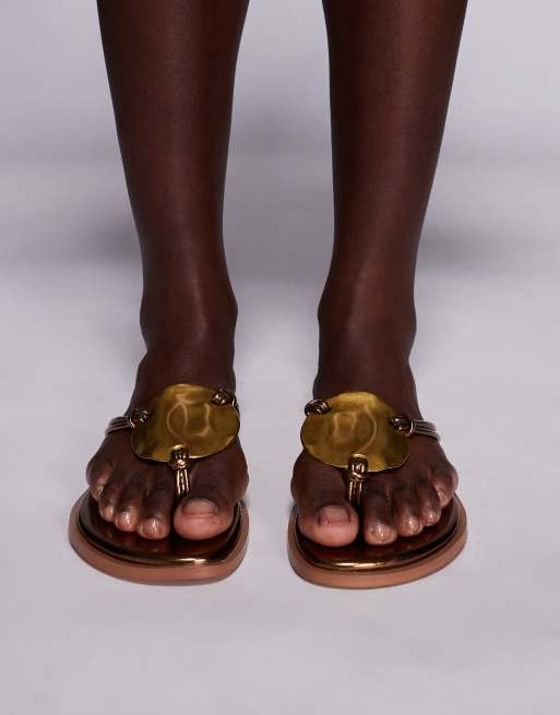 Simmi London Bowe toe thong sandals with gold metal detail in bronze